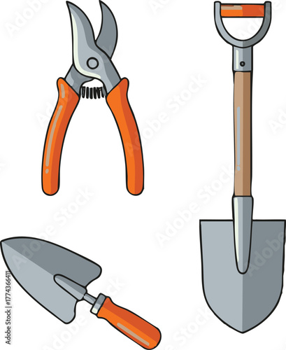 Gardening tools including pruners, trowel, and shovel arranged on white surface representing equipment used for planting and maintaining plants in garden.