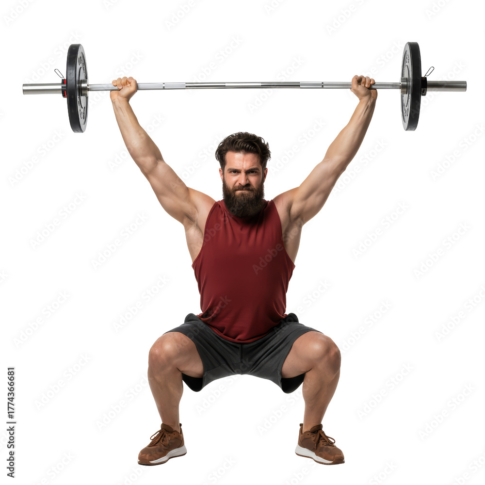 Naklejka premium Bearded athlete performing a powerful overhead squat with a chrome barbell on an isolated