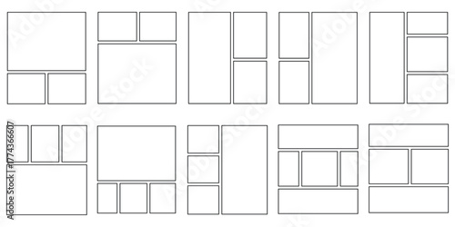 Moodboard photo gallery with mosaic montage and pattern design for composition banner or background album illustration. Square board template and collage grid with frame mockup shape tile brochure.
