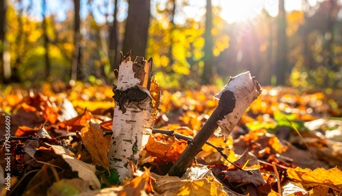 Dry birch twigs with peeling bark scattered on leaf litter in a sunlit deciduous forest