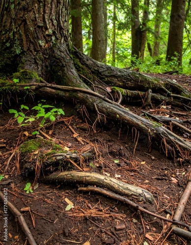 Exposed tree roots with fine root hairs and moist soil in a shaded forest after recent rainfall