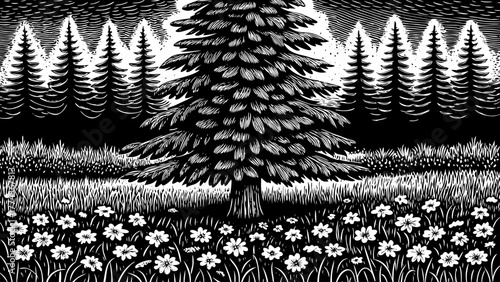 Vibrant green pine tree surrounded by fresh grass and wildflowers in spring sunlight