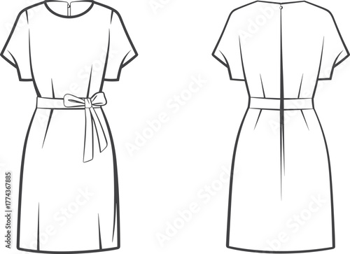 Technical fashion sketch of short sleeve dress, round neckline, waist bow belt, center back zipper, pleated hem detail, front and back view, vector illustration