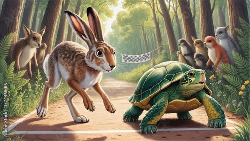 The Timeless Race of Nature: A Hare and a Tortoise Crossing Paths Beneath the Summer Sun, Where Speed Meets Patience Amid the Whispering Trees and Dappled Light of a Peaceful Woodland Trail.
