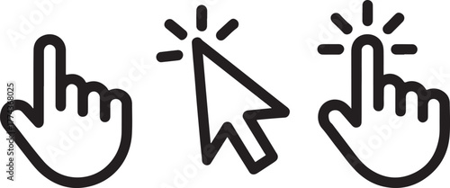 Set of three black click cursor icons on white background pointer hand