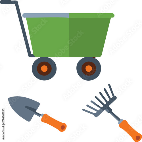 Green wheelbarrow and gardening tools sit ready for planting in the bright sun, symbolizing spring and new beginnings.