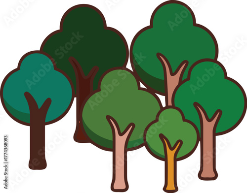 Stylized group of green trees with brown trunks background
