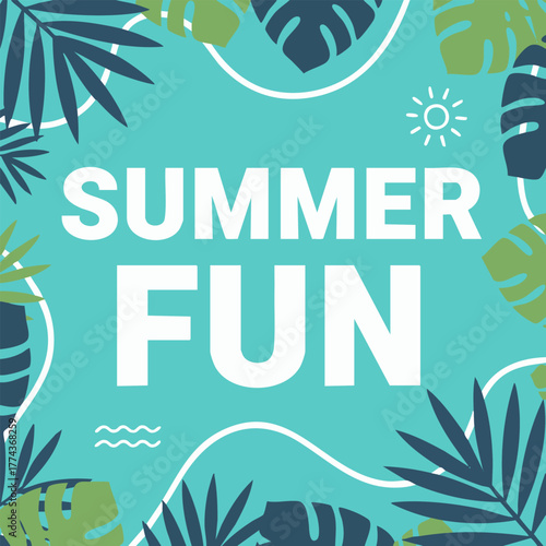 Vibrant tropical banner with monstera and palm leaves framing a central copy space. A modern, flat design for summer vacation promotions