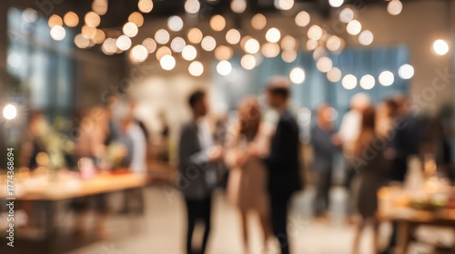 Evening social gathering with sparkling lights and lively conversations in a bright venue
