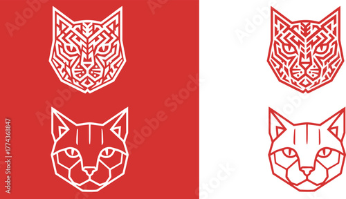 Logo Geometric Cat Head Designs in Red and White Vector Graphics for Creative Projects