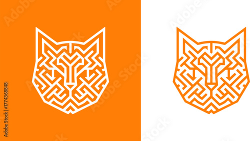 Logo Maze Cat Head Illustration Geometric Feline Design for Puzzles and Games