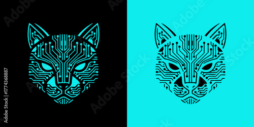 Logo Futuristic feline digital circuit board emblem symbolizing technology and innovation