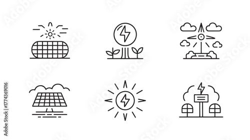 Set of solar energy icons thin line symbols for renewable power sustainable technology and green electricity isolated on 