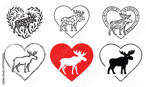 Moose Line Art Silhouette with Heart Design
