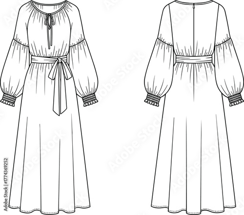 Technical flat sketch of full-length dress, bishop sleeves, tie neckline, waist sash, gathered cuffs, fashion illustration, garment template, apparel drawing