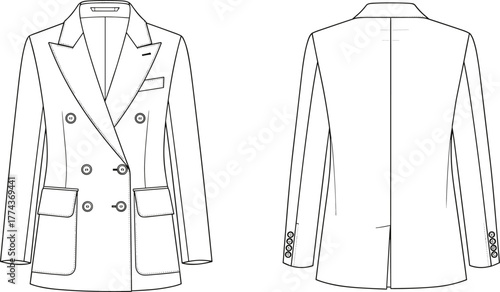 Technical flat sketch of double breasted blazer jacket front and back view, formal coat fashion design template, vector outline for apparel illustration
