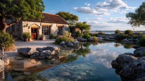 Charming Stone Cottage with Overhanging Trees Reflected in a Serene Reflective Pond Under a Bright Blue Sky with Wispy Clouds