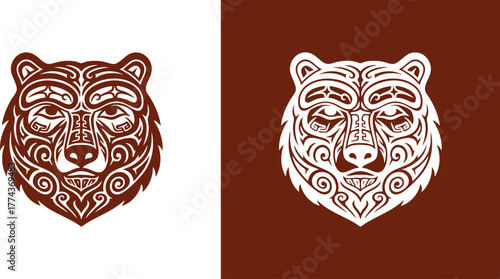 Logo Tribal bear head illustration in brown and white tones, artistic representation of an animal