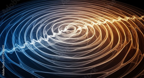 Blue and Orange Wave Interference Pattern with Concentric Circles