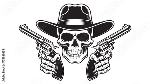 Skull with cowboy hat and revolvers vintage monochrome illustration for wild west design isolated on white background