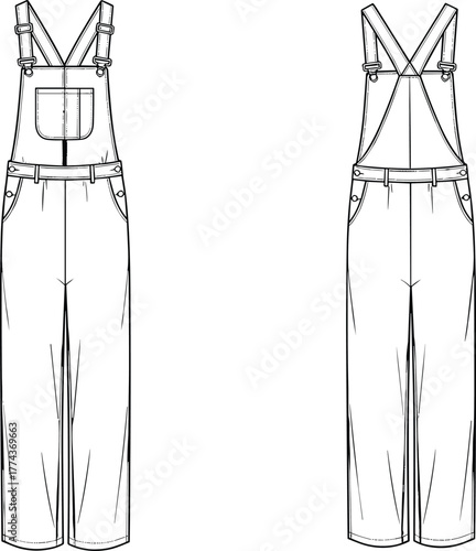 Technical flat sketch of full-length overalls, front and back view, adjustable straps, patch pocket, fly front, fashion illustration, garment template, apparel drawing