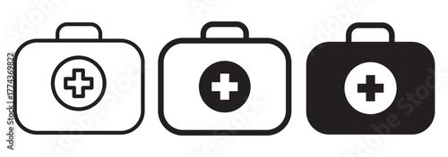 First aid box icon in black. Medical aid kit bag icon. First aid kit and medical case icon pack. Healthcare symbols and briefcases in line style vector. Medicine bag icon for graphic design, Website.