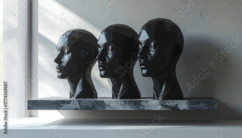 Three Dark Mannequin Heads in Profile on a Shelf.