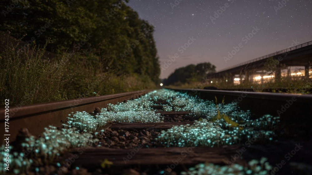 Fototapeta premium Railway track at night, with a bridge in the background. the sky is filled with stars, and the horizon is visible in the distance.