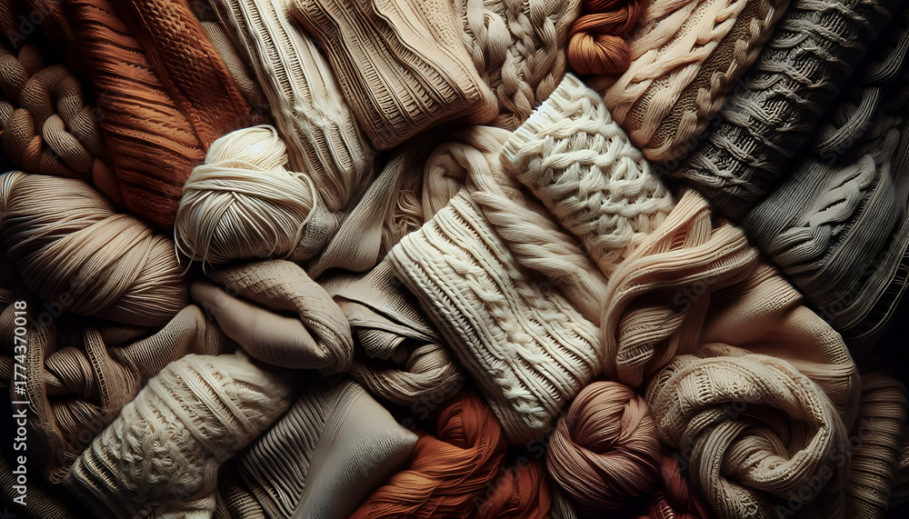 Obraz premium A cozy arrangement of soft textile wool, yarn textures in warm neutral tones — beige, ivory, terracotta, and sand. Detailed folds and threads create a tactile composition of natural woven materials.