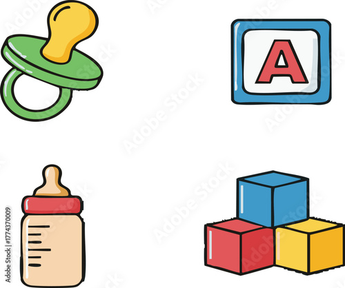 Baby items arranged on white surface represent childhood and innocence, evoking feelings of joy and tenderness.