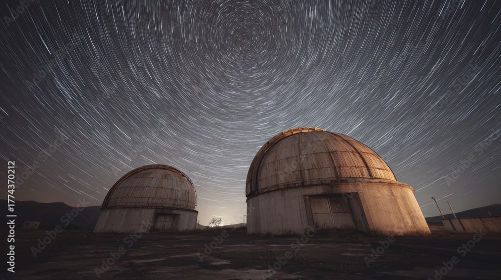 Fototapeta premium Two large dome-shaped structures, which appear to be old and dilapidated, sitting on a barren ground. the structures are made of concrete and have a dome-like shape with a flat top.