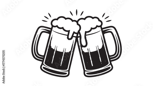 Two beer mugs toasting black and white illustration for Oktoberfest celebration and pub design
