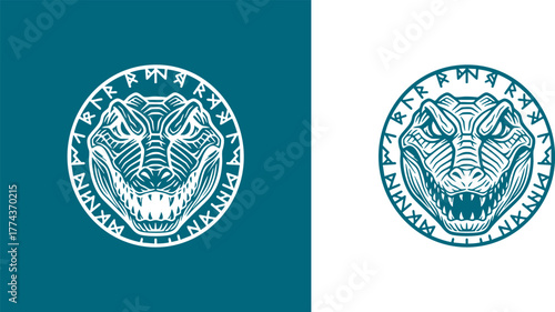 Logo Fierce prehistoric reptile head emblem with powerful sharp teeth, encircled by mysterious ancient runic symbols, a bold and intricate design evoking primal strength and mythological themes