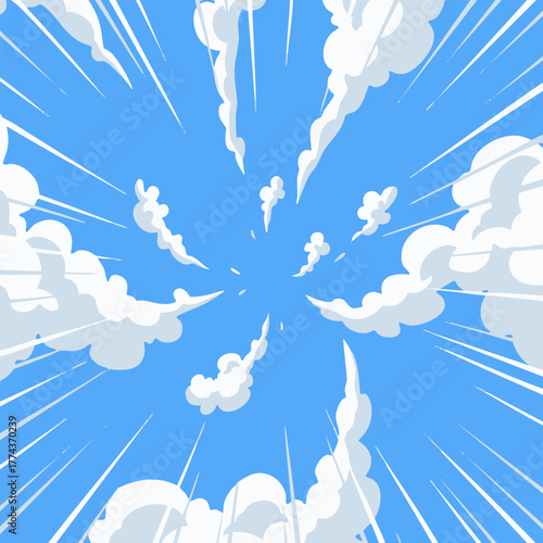 A vibrant and dynamic anime-style illustration of a blue sky with clouds exploding outwards and white speed lines