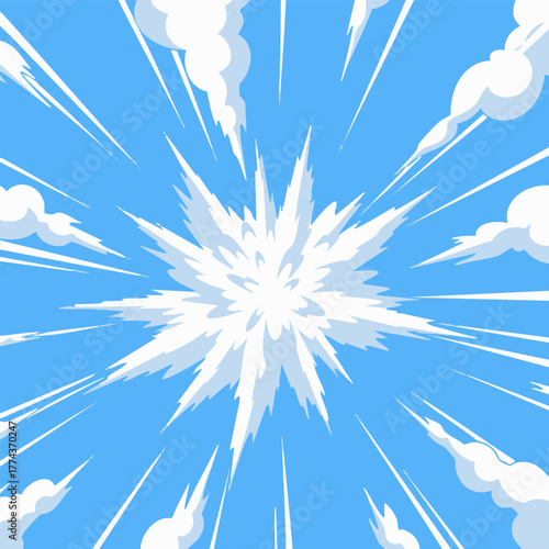 Explosive Sky Burst of White in Azure, Cloud Shards Radiating Outward