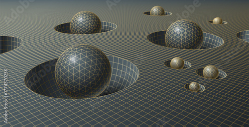 Retro-futuristic 80s grid landscape with geometric spheres in polygonal holes, vintage synthwave and science fiction art