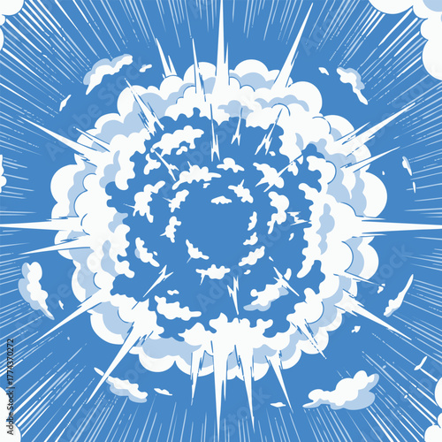 Dynamic comic book style explosion with powerful radial lines. An abstract concept of a massive cloud burst or blast in the blue sky