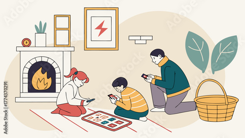 Family time together at home with devices near fireplace and basket illustration vector design concept