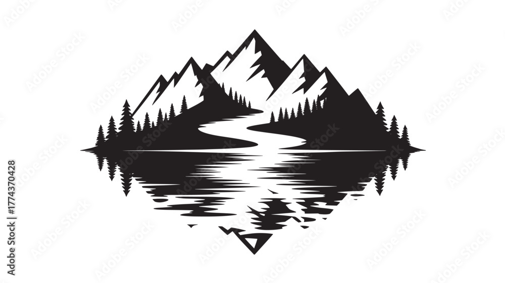 Fototapeta premium Mountain and river landscape illustration nature reflection scene outdoor adventure and travel concept isolated on white