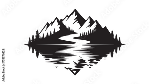 Mountain and river landscape illustration nature reflection scene outdoor adventure and travel concept isolated on white