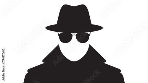 Silhouette of a mysterious man in a hat and sunglasses anonymous person illustration isolated on white background