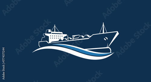 Stylized illustration of a large cargo ship or oil tanker sailing on ocean waves against a dark blue background.