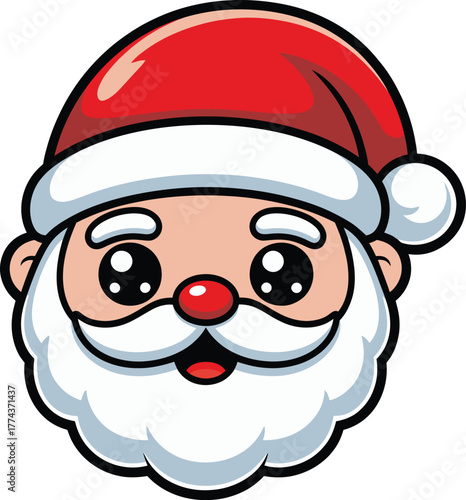Cute Cartoon Illustration of Santa Claus Face with Red Hat and Rosy Cheeks, Perfect for Holiday Greeting Cards, Christmas Decorations, and Festive Graphic Designs