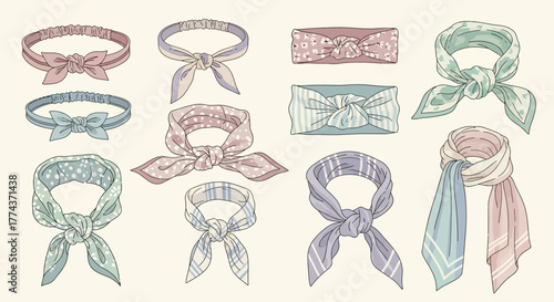 A collection of various pastel-colored headbands and scarves with different patterns and tying styles, showcasing fashion accessories.