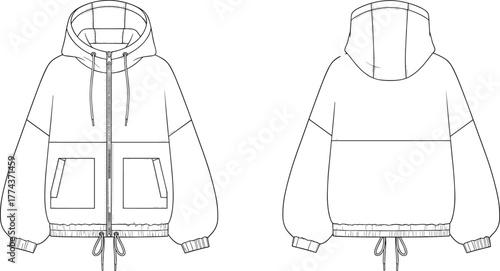 Technical flat sketch of hoodie jacket front and back view, fashion design template, sweatshirt drawing, garment illustration for apparel design, vector outline