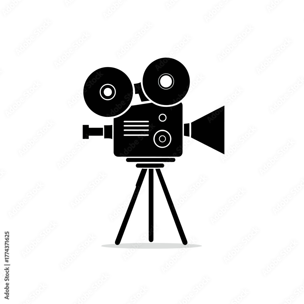 Obraz premium A classic black and white cinema camera illustration, featuring reels, lens, and tripod