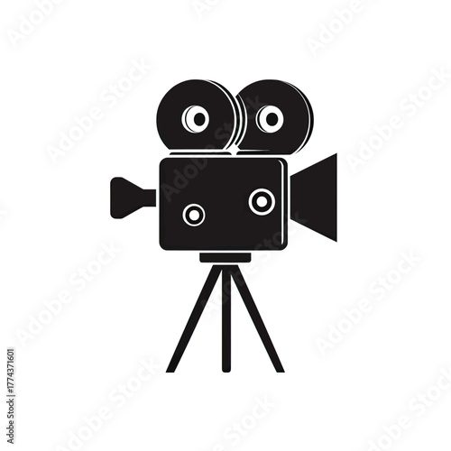 A classic black film camera icon on a tripod, perfect for cinematographers and video creators