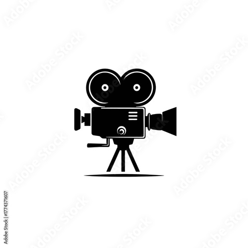 A classic black and white camera icon, including lens, handle, and tripod, isolated on white