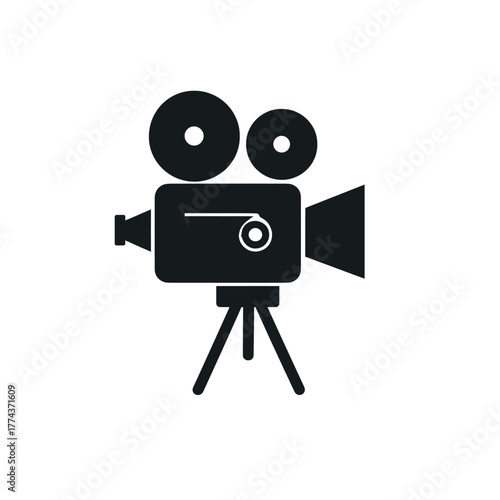 A flat illustration of an old-fashioned movie camera, mounted on a tripod