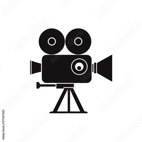 A classic black and white camera with two reels, viewfinder, and a conical lens, on a tripod